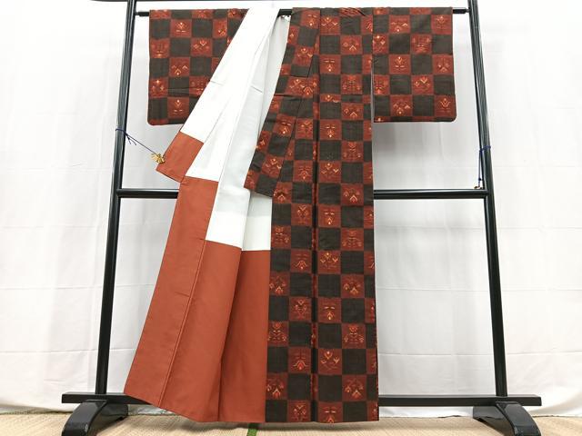 平和屋着物■上質な紬 市松更紗花文 正絹 逸品 BAAX9924yc