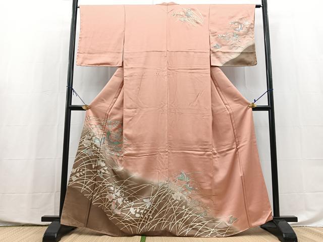 平和屋着物●訪問着 花蝶文 珊瑚色 暈し染め 金銀彩 鈴乃屋扱い 正絹 逸品 未使用 BAAX9940yc