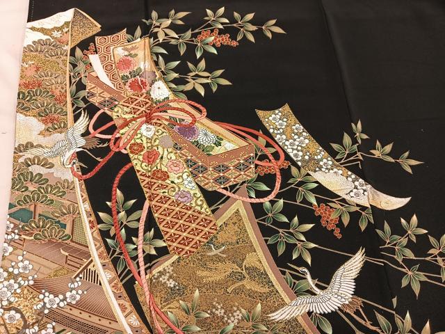 平和屋着物■豪華黒留袖 駒刺繍 飛鶴花文 金彩 正絹 逸品 BAAY0012mz