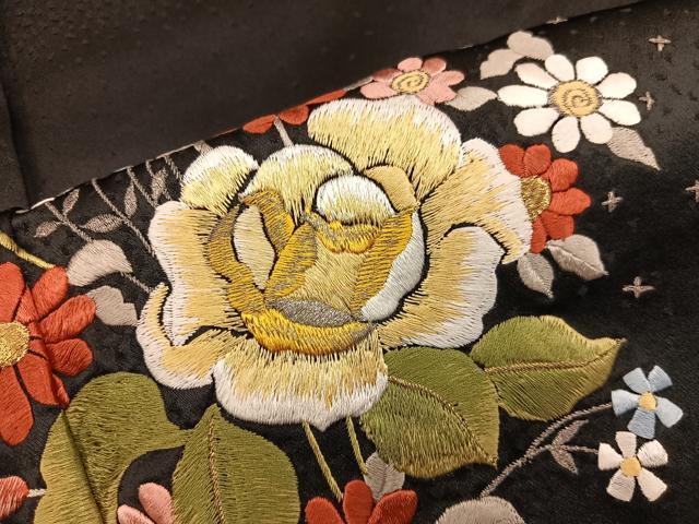 平和屋着物■訪問着 総刺繍 枝花文 黒地 金銀糸 正絹 逸品 BAAY0045mz