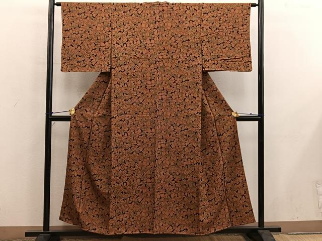 平和屋着物■上質な小紋 楓文 黒地 正絹 逸品 未使用 BAAY0053mz