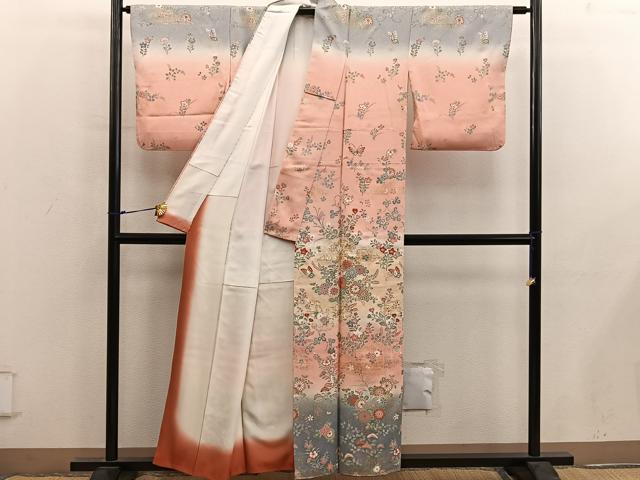 平和屋着物●訪問着 舞蝶菊花文 暈し染め 金彩 正絹 逸品 BAAY0092mz