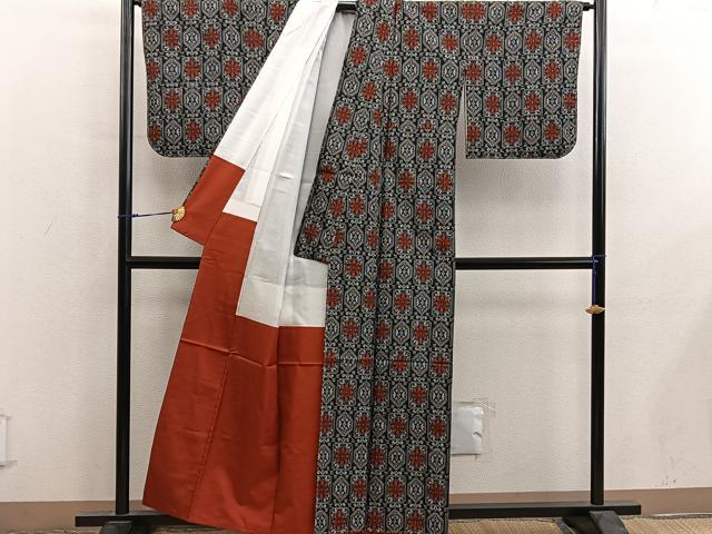 平和屋着物■本場村山大島紬 アンサンブル 草花文 正絹 逸品 BAAY0156mz