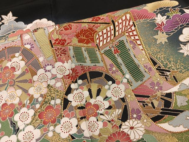 平和屋着物■豪華黒留袖 駒刺繍 御所車花文 暈し染め 金彩 正絹 逸品 BAAY0241mz