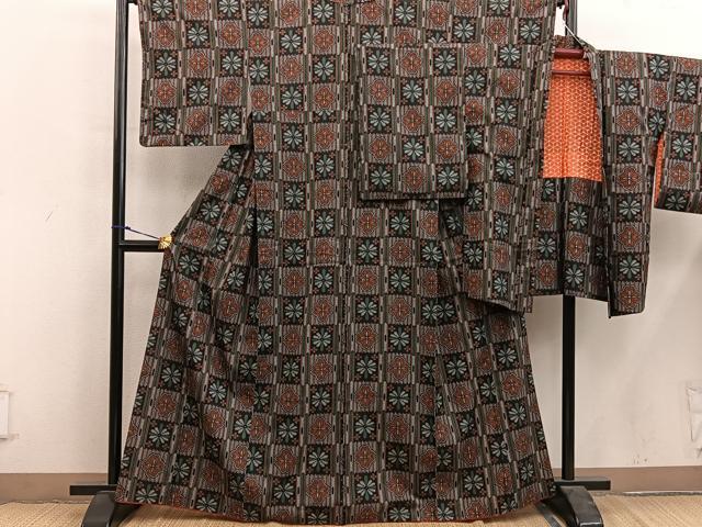 平和屋着物■上質な紬 アンサンブル 草花文 正絹 逸品 BAAY0247mz