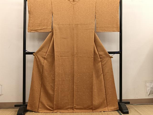 平和屋着物●上質な色無地 草花地紋 黄枯茶色 正絹 逸品 BAAY0261mz