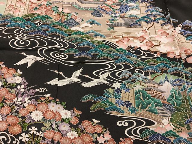 平和屋着物■豪華黒留袖 友禅 作家物 飛鶴風景文 仮絵羽 正絹 逸品 未使用 BAAY0351mz