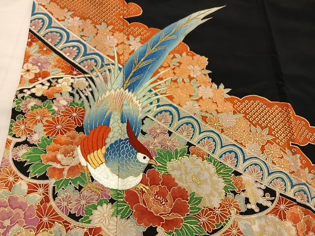 平和屋着物■豪華黒留袖 刺繍 花鳥文 金彩 BAAY0402mz