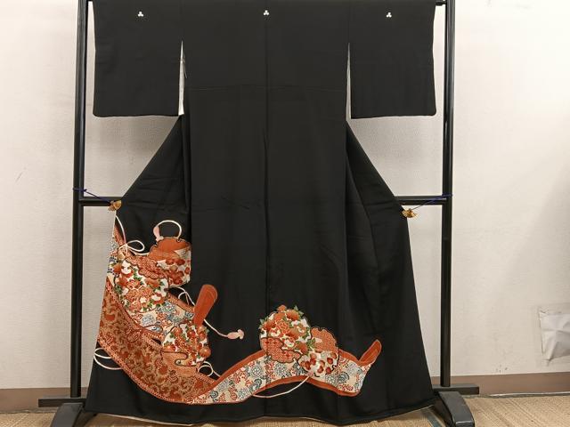 平和屋着物■豪華黒留袖 駒刺繍 雪輪牡丹花文 金彩 三越扱い 正絹 逸品 BAAY0414mz