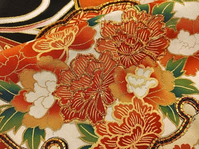 平和屋着物■豪華黒留袖 駒刺繍 雪輪牡丹花文 金彩 三越扱い 正絹 逸品 BAAY0414mz