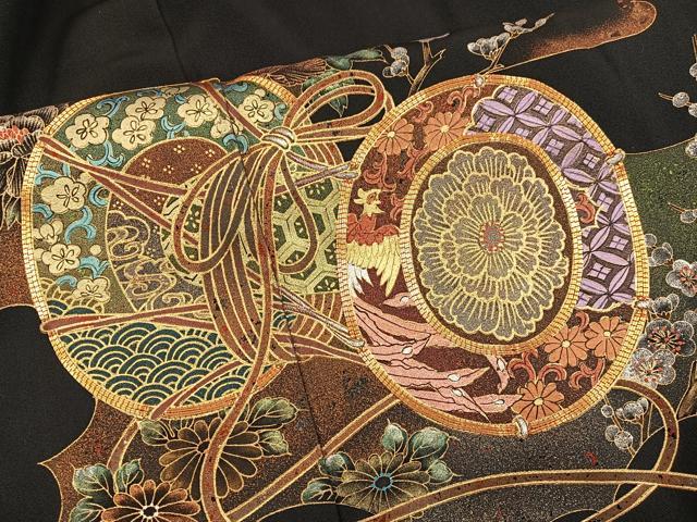 平和屋着物●越後染印傳 根津青宗 黒留袖 駒刺繍 鼓花文 金彩 正絹 逸品 BAAY0476mz