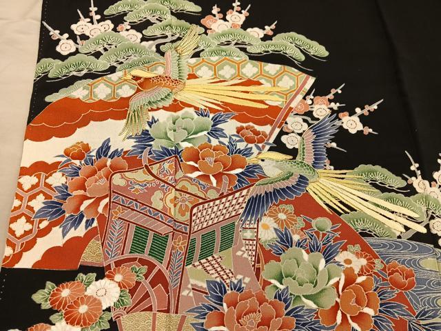 平和屋着物■豪華黒留袖 駒刺繍 御所車花鳥文 正絹 逸品 BAAY0481mz