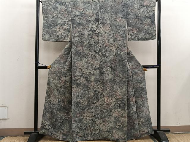 平和屋着物■上質な小紋 流水花文 鬼しぼ縮緬 正絹 逸品 BAAY0541mz