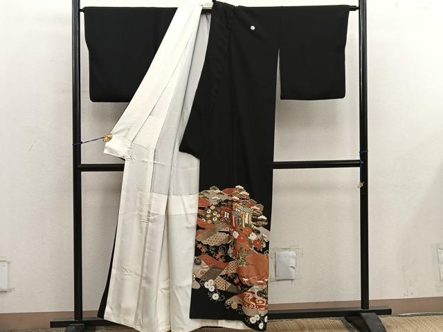 平和屋着物■豪華黒留袖 御所車花文 金彩 正絹 逸品 BAAY0669mz