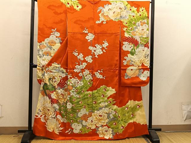 平和屋着物■豪華振袖 駒刺繍 孔雀牡丹花文 金彩 正絹 逸品 BAAY0713mz