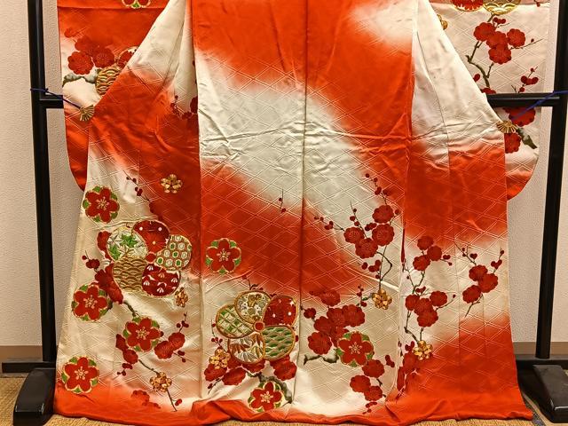 平和屋着物■豪華振袖 駒刺繍 梅花文 暈し染め 金糸 正絹 逸品 BAAY0750mz