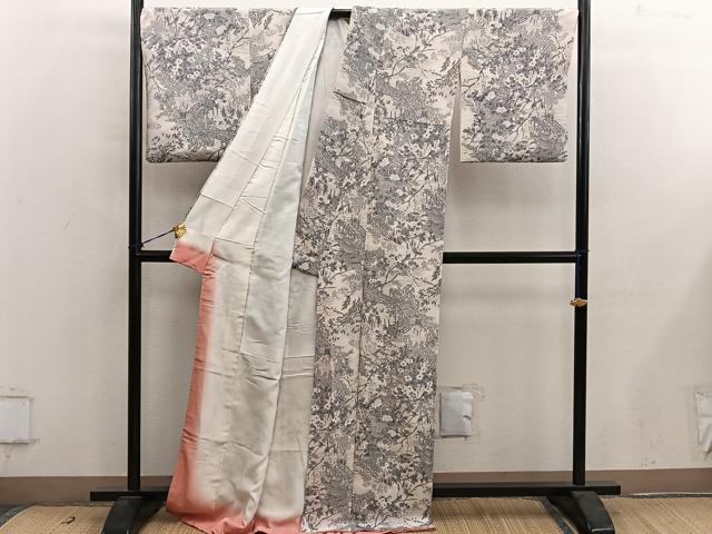 平和屋着物■上質な小紋 休み鳥花文 鬼しぼ縮緬 正絹 逸品 BAAY0751mz