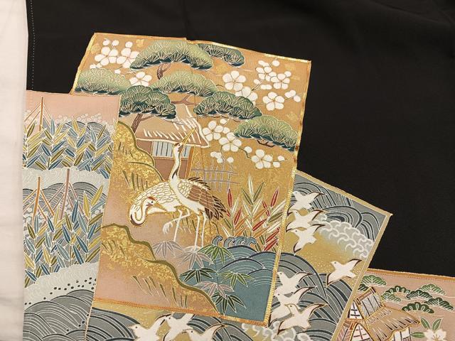 平和屋着物■豪華黒留袖 色紙重ね群鶴風景文 金彩 正絹 逸品 BAAY0761mz
