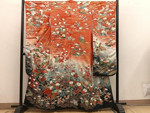 平和屋着物●豪華振袖 駒刺繍 御所車花文 暈し染め 金彩 正絹 逸品 BAAY0821mz