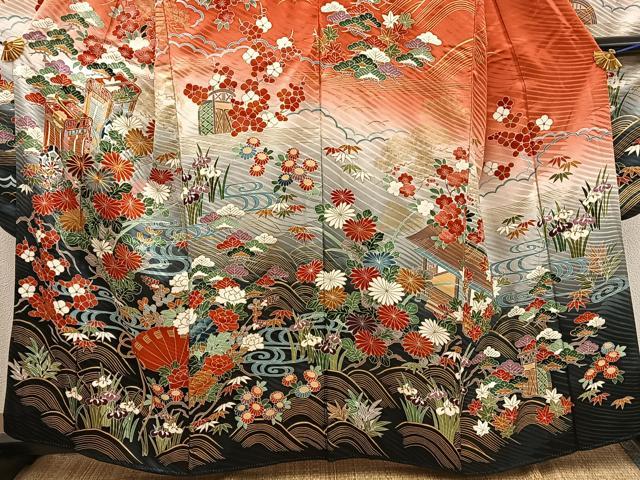 平和屋着物●豪華振袖 駒刺繍 御所車花文 暈し染め 金彩 正絹 逸品 BAAY0821mz