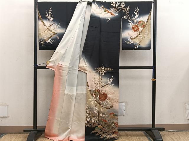 平和屋着物●訪問着 鼓花文 暈し染め 黒地 金彩 正絹 逸品 BAAY0842mz