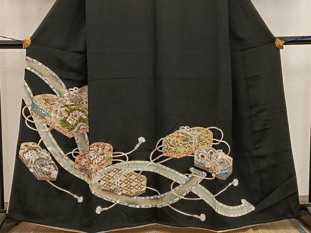 平和屋着物■豪華黒留袖 駒刺繍 文箱花鳥文 金彩 正絹 逸品 BAAY0893mz