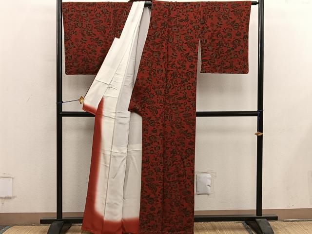 平和屋着物■上質な小紋 更紗花文 鬼しぼ縮緬 正絹 逸品 BAAY0930mz
