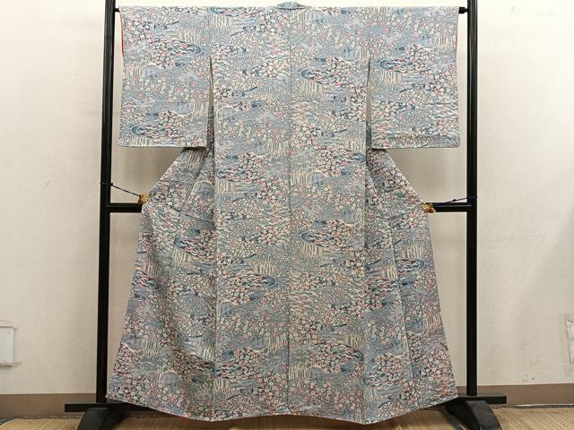 平和屋着物■上質な小紋 流水花文 鬼しぼ縮緬 正絹 逸品 BAAY0981mz