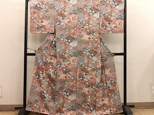 平和屋着物■上質な小紋 扇面牡丹花文 金彩 正絹 逸品 未使用 BAAY1051mz