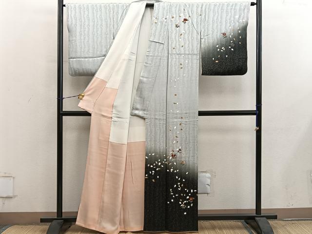 平和屋着物●訪問着 刺繍 草花文 暈し染め 金彩 正絹 逸品 BAAY1088mz