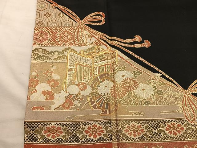 平和屋着物■豪華黒留袖 駒刺繍 御所車花文 金彩 正絹 逸品 BAAY1090mz