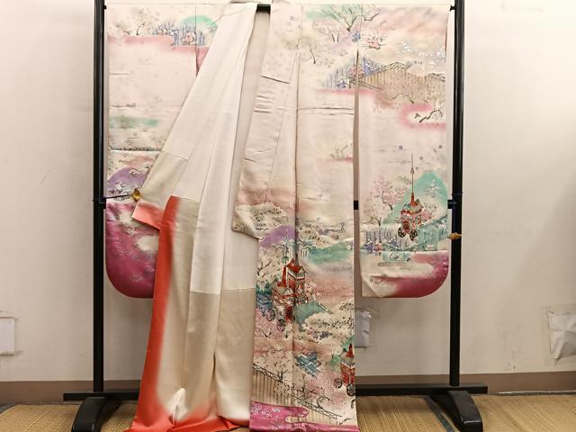 平和屋着物■豪華振袖 駒刺繍 飛鶴舞蝶花文 暈し染め 金銀彩 正絹 逸品 BAAY1111mz