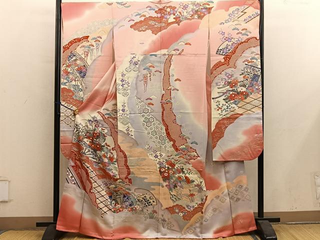 平和屋着物■豪華振袖 駒刺繍 片輪車花鳥文 暈し染め 金彩 正絹 逸品 BAAY1118mz