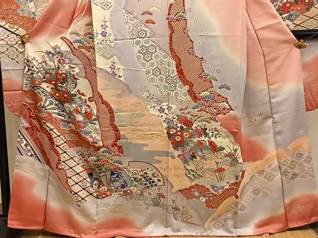 平和屋着物■豪華振袖 駒刺繍 片輪車花鳥文 暈し染め 金彩 正絹 逸品 BAAY1118mz