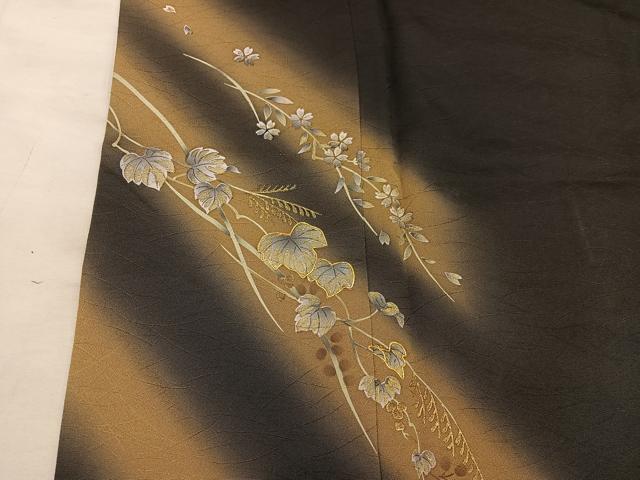 平和屋着物●訪問着 駒刺繍 枝葉文 暈し染め 黒地 金彩 鈴乃屋扱い 正絹 逸品 BAAY1157mz
