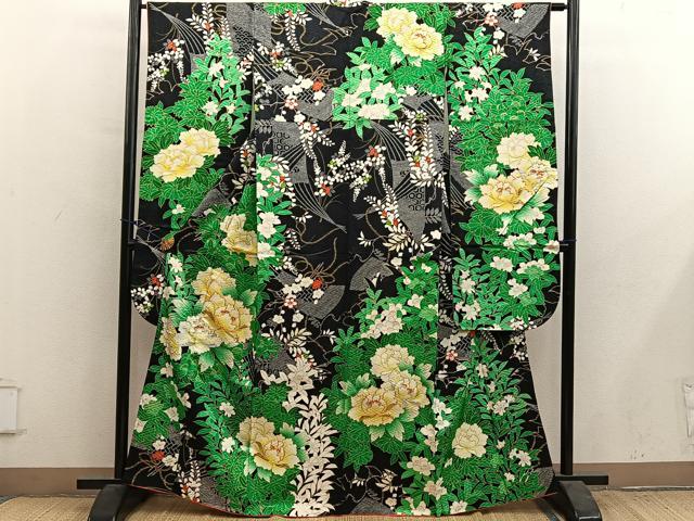 平和屋着物●豪華振袖 駒刺繍 牡丹花文 黒地 金彩 正絹 逸品 BAAY1198mz
