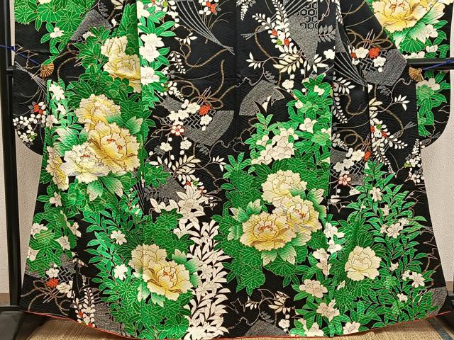 平和屋着物●豪華振袖 駒刺繍 牡丹花文 黒地 金彩 正絹 逸品 BAAY1198mz