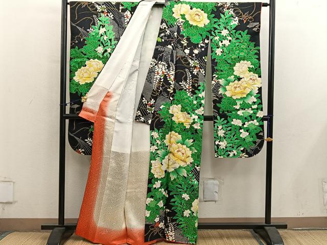 平和屋着物●豪華振袖 駒刺繍 牡丹花文 黒地 金彩 正絹 逸品 BAAY1198mz