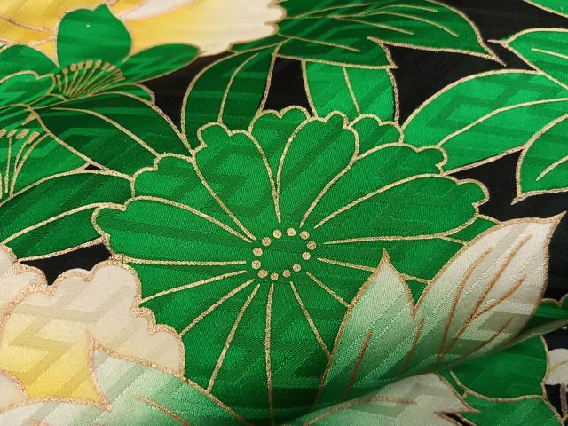 平和屋着物●豪華振袖 駒刺繍 牡丹花文 黒地 金彩 正絹 逸品 BAAY1198mz