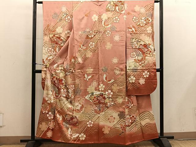 平和屋着物■豪華振袖 扇面飛鶴舞蝶花文 暈し染め 金彩 正絹 逸品 BAAY1201mz