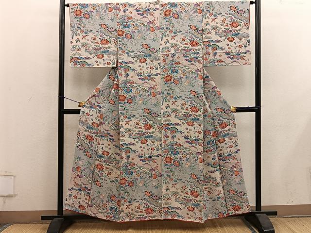 平和屋着物■上質な小紋 型染め 花鳥文 暈し染め 鬼しぼ縮緬 正絹 逸品 BAAY1203mz