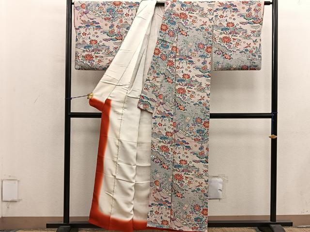 平和屋着物■上質な小紋 型染め 花鳥文 暈し染め 鬼しぼ縮緬 正絹 逸品 BAAY1203mz