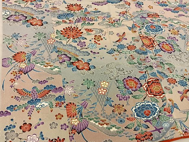 平和屋着物■上質な小紋 型染め 花鳥文 暈し染め 鬼しぼ縮緬 正絹 逸品 BAAY1203mz
