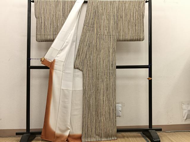 平和屋着物●上質な小紋 縞 鬼しぼ縮緬 正絹 逸品 BAAY1207mz