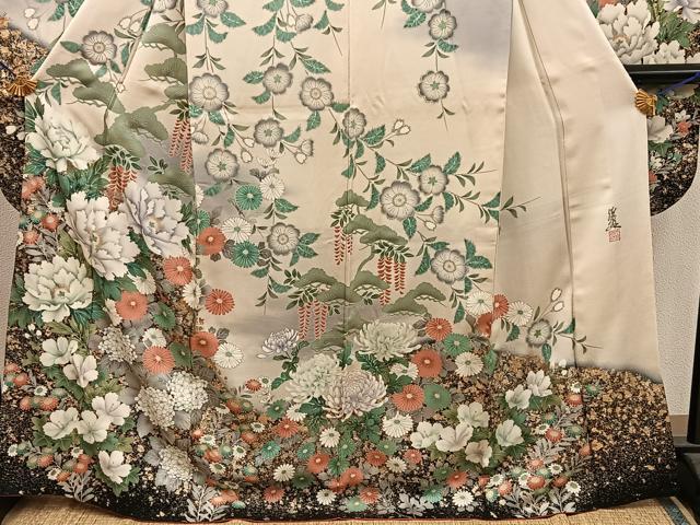 平和屋着物●英王室献上友禅作家 木下勝功 振袖 牡丹花文 金銀彩 正絹 逸品 BAAY1208mz