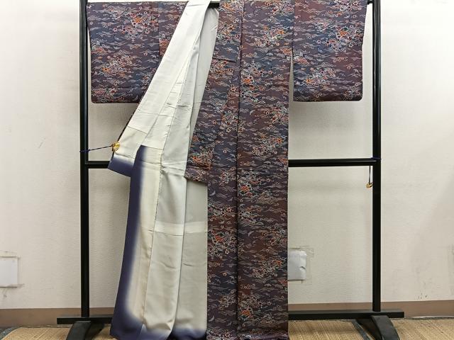 平和屋着物■上質な小紋 型染め 飛鶴風景花文 暈し染め 正絹 逸品 BAAY1225mz