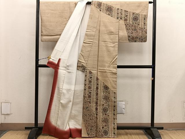 平和屋着物●訪問着 紬地 更紗花文 正絹 逸品 BAAY1282mz