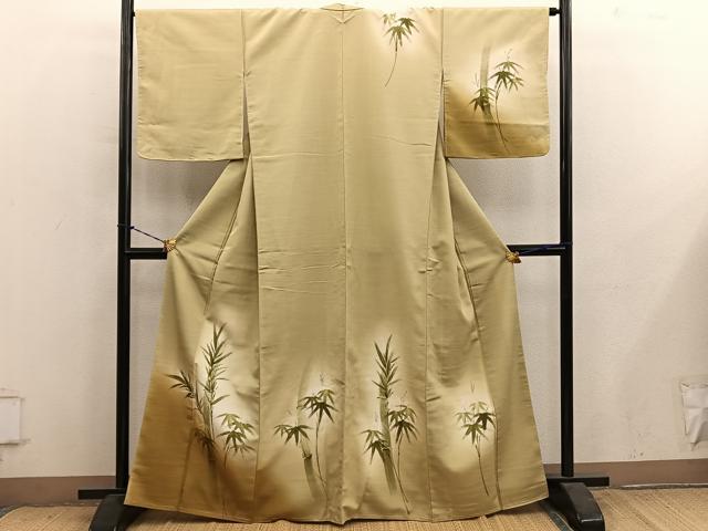 平和屋着物■訪問着 紬地 手描き 笹竹文 暈し染め 正絹 逸品 BAAY1293mz