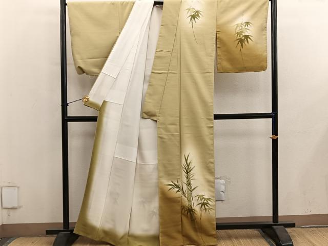 平和屋着物■訪問着 紬地 手描き 笹竹文 暈し染め 正絹 逸品 BAAY1293mz