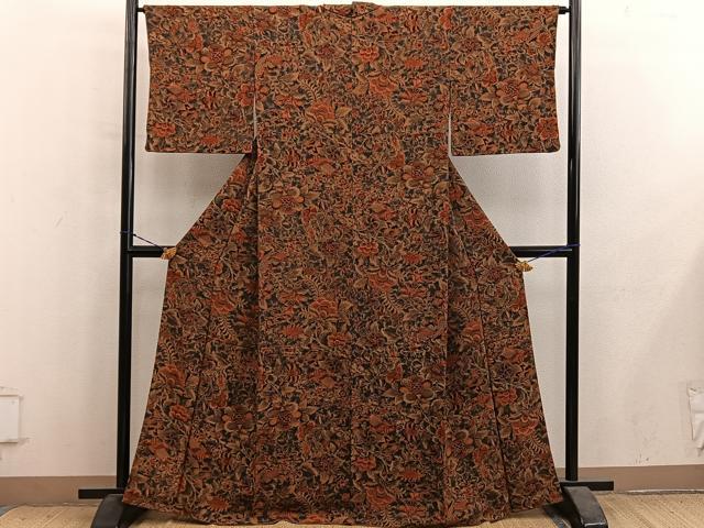平和屋着物●上質な小紋 更紗花鳥文 鬼しぼ縮緬 正絹 逸品 BAAY1406mz